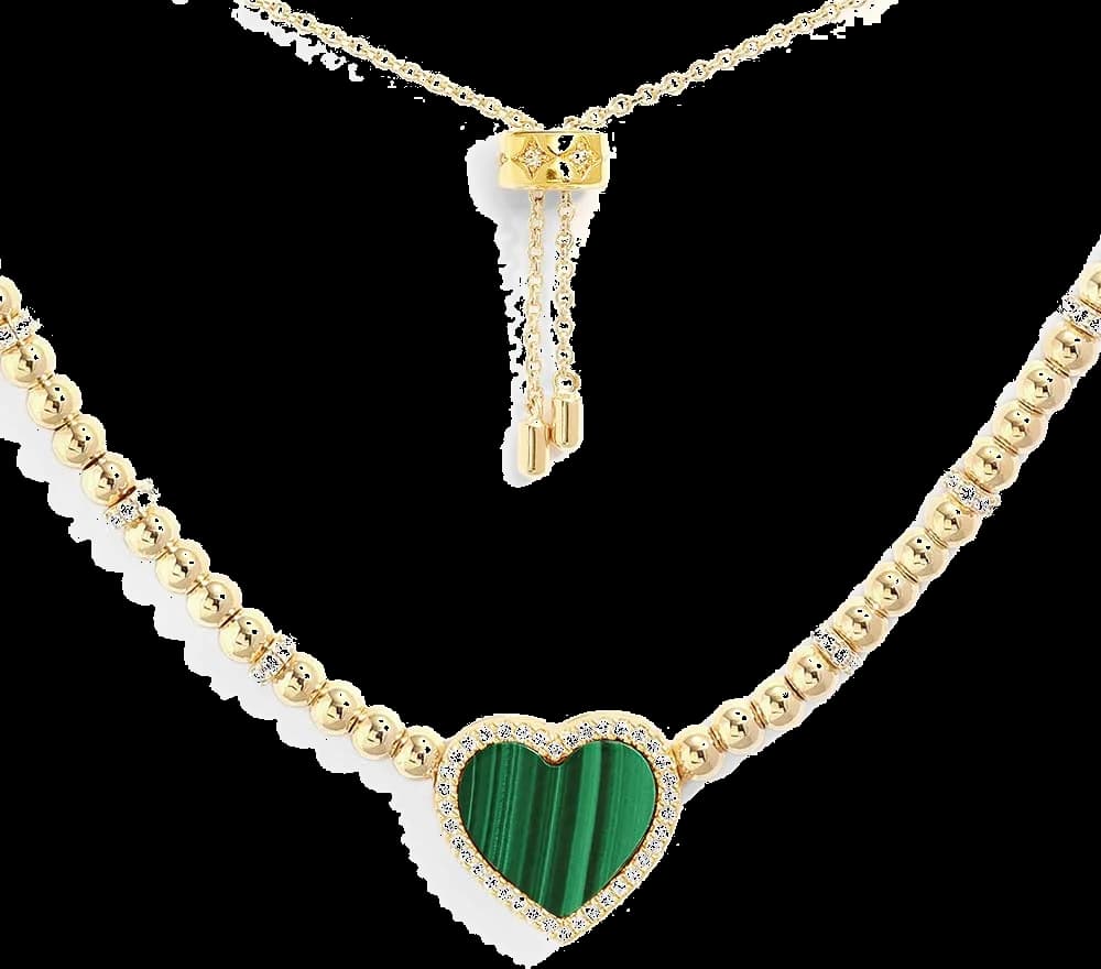 Collier pour Femme APM Monaco Cœur Malachite Vert plaqué or jaune - Réf. YC6909XMAL