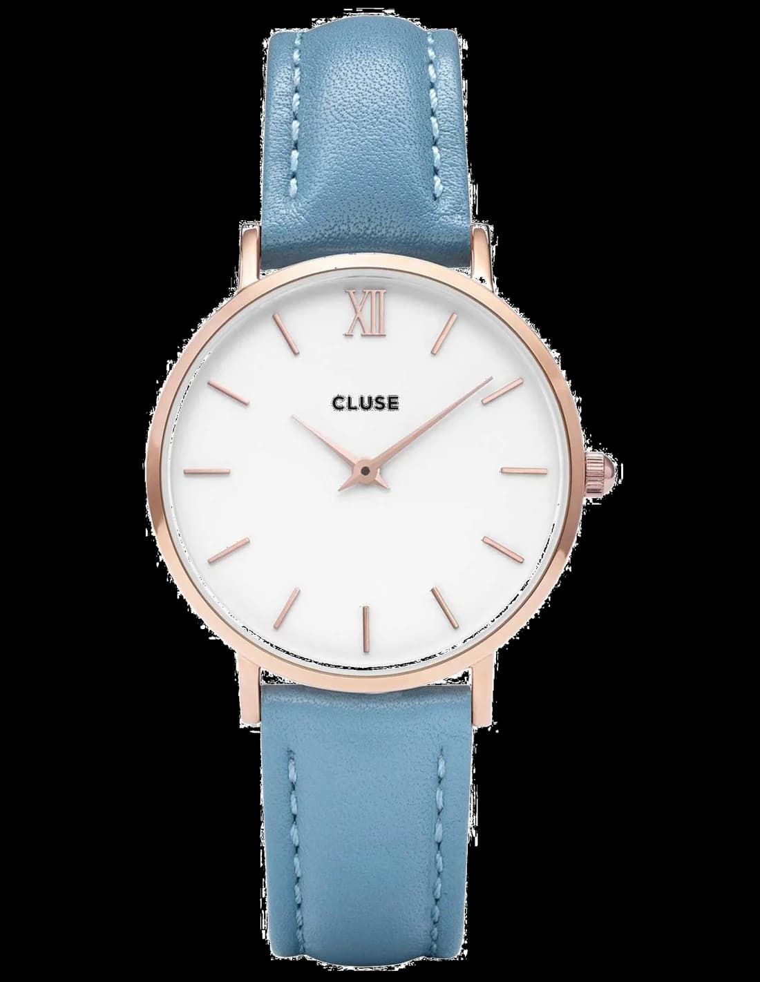 Montre Femme Cluse Minuit CL30046 - Cadran Blanc, Boîtier Or Rose, Bracelet Cuir Bleu