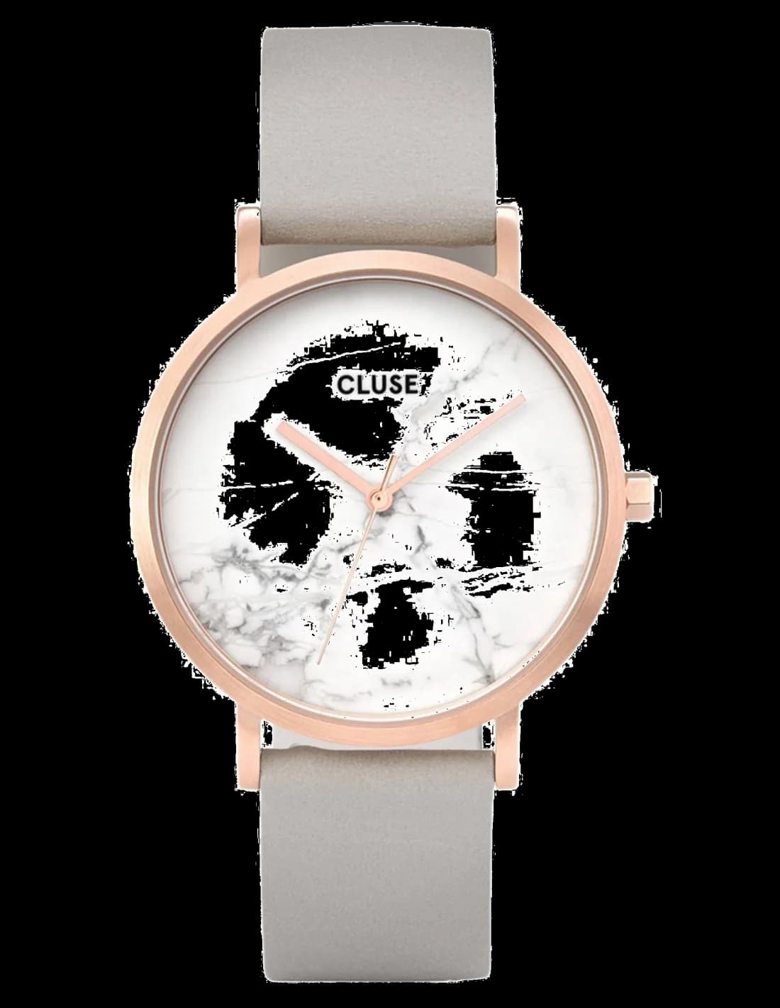 Montre Femme Cluse La Roche CL40005 - Cadran Blanc Marbré, Boîtier Or Rose, Bracelet Cuir Gris