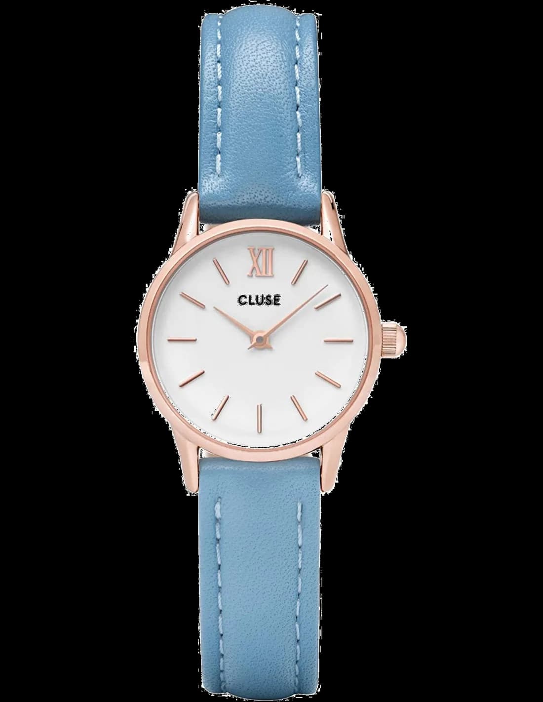 Montre Femme Cluse La Vedette CL50026 - Boîtier Or Rose, Cadran Blanc, Bracelet Cuir Bleu