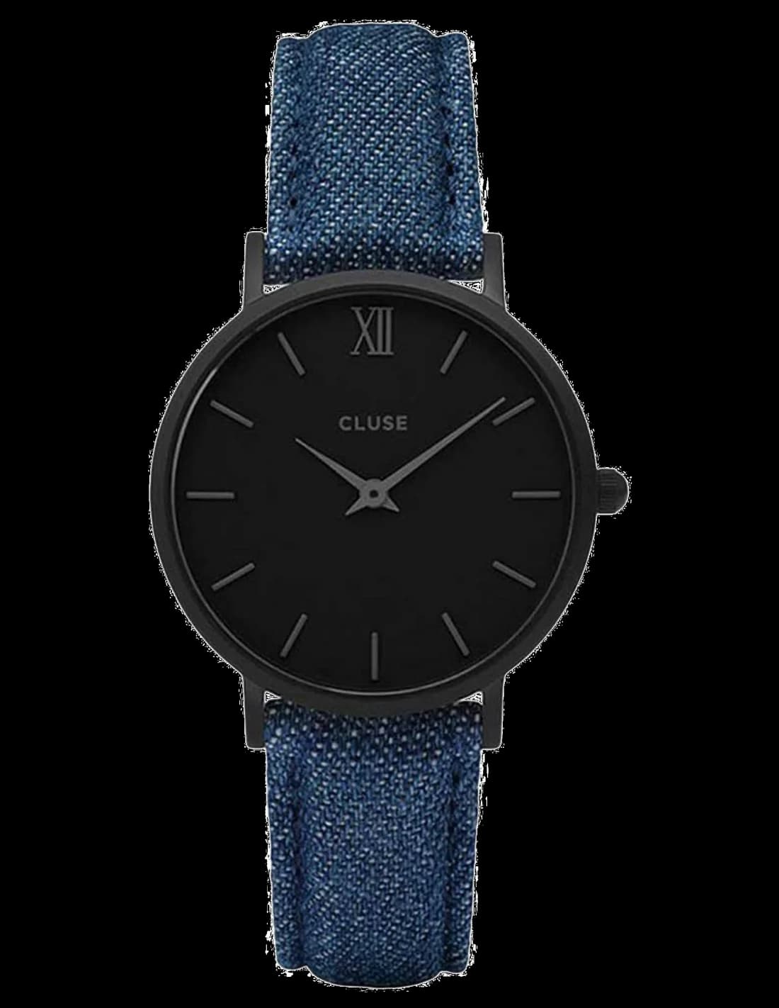 Montre Femme Cluse Minuit CL30031 - Cadran Noir, Bracelet Denim Bleu