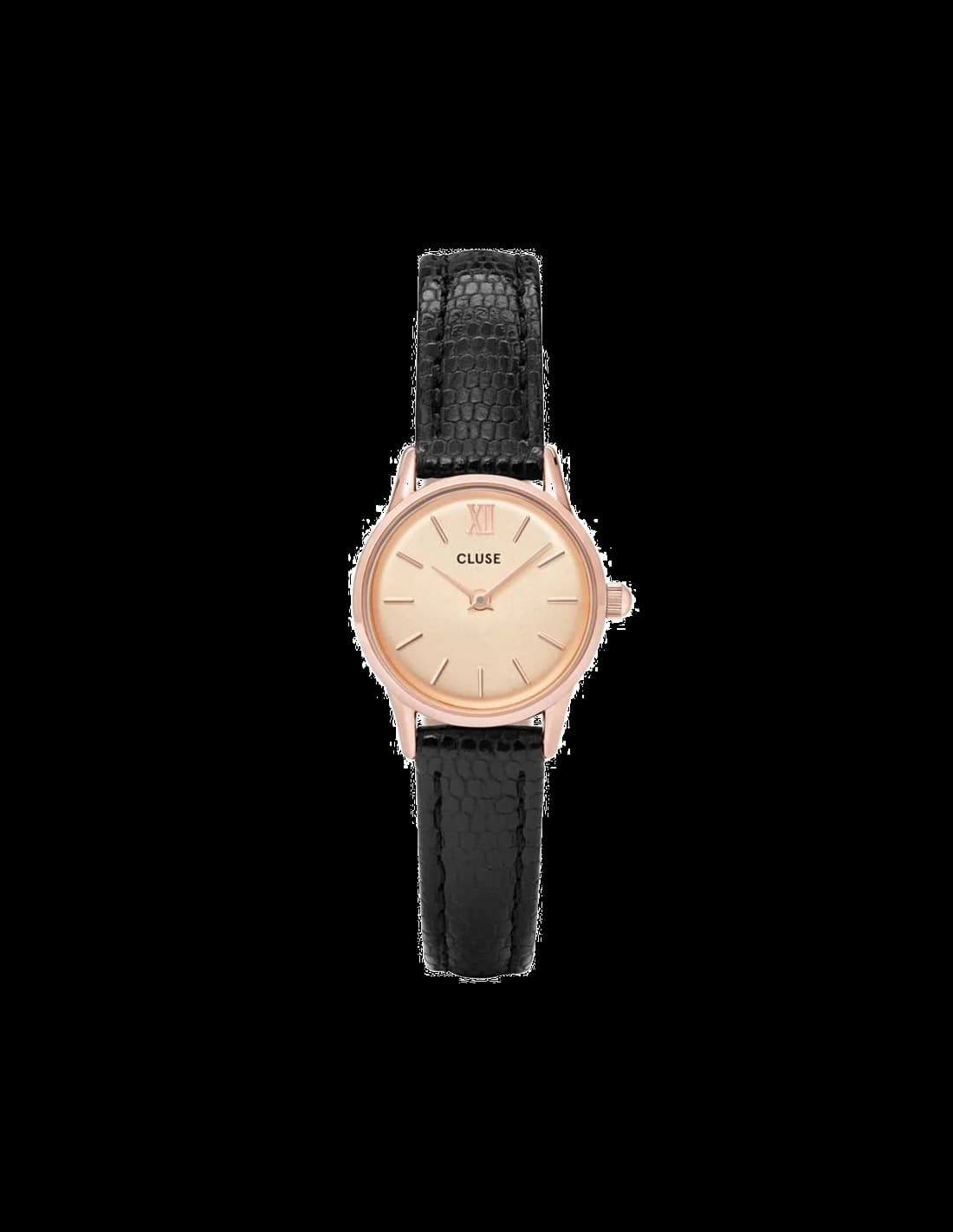 Montre Femme Cluse La Vedette CL50028 - Cadran doré, bracelet cuir noir, boîtier or rose