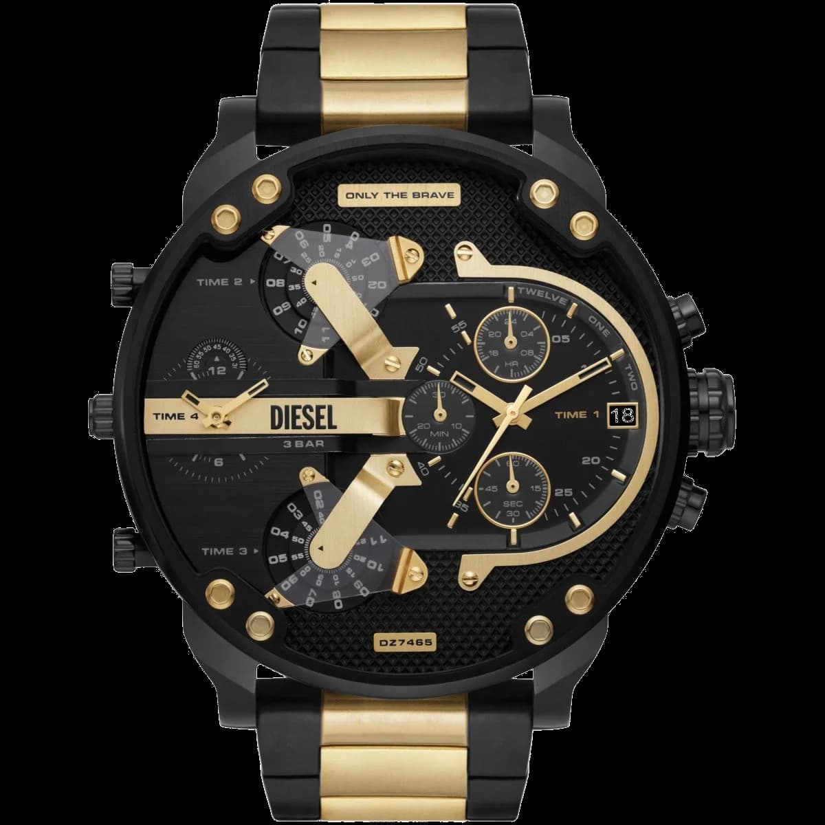 Montre Diesel Mr Daddy 2.0 DZ7465 pour Homme, Cadran Noir et Bracelet Acier Inoxydable Or, Taille XXL