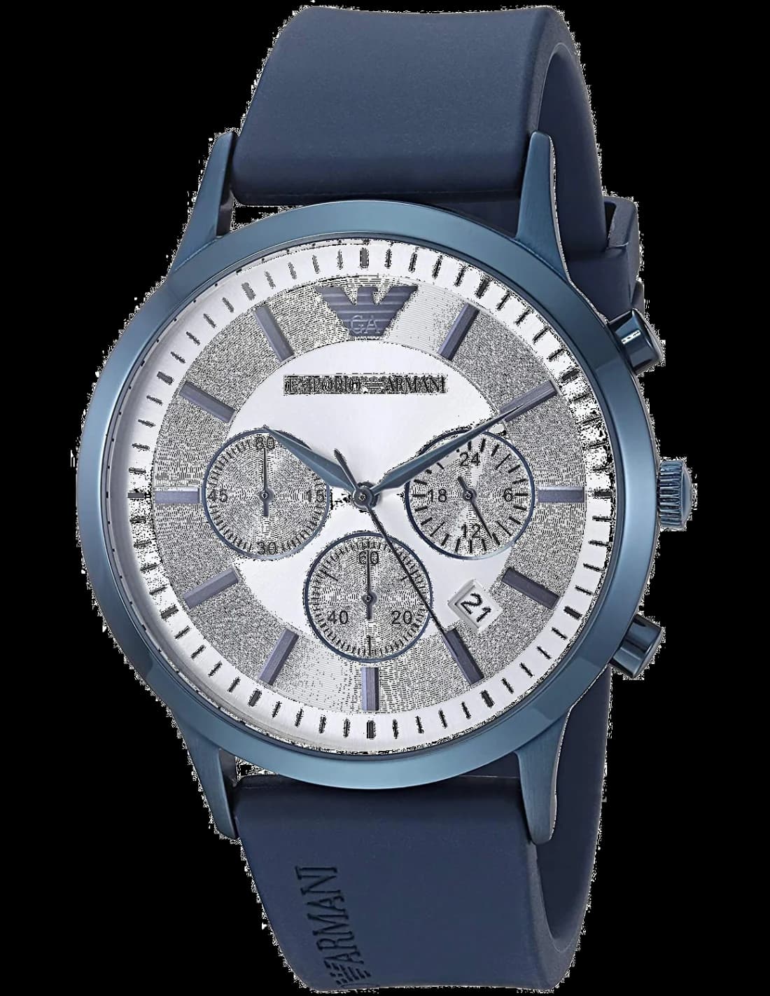 Montre Homme Emporio Armani AR11026 - Cadran argent, boîtier et bracelet silicone bleu