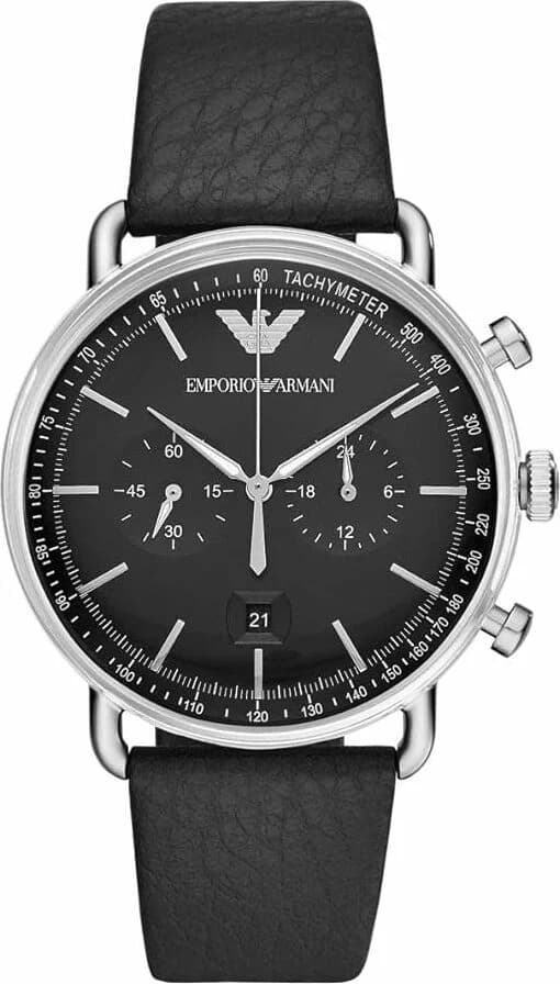 Montre Homme Emporio Armani Aviator AR11143 - Boîtier Argent, Cadran Noir, Bracelet Cuir