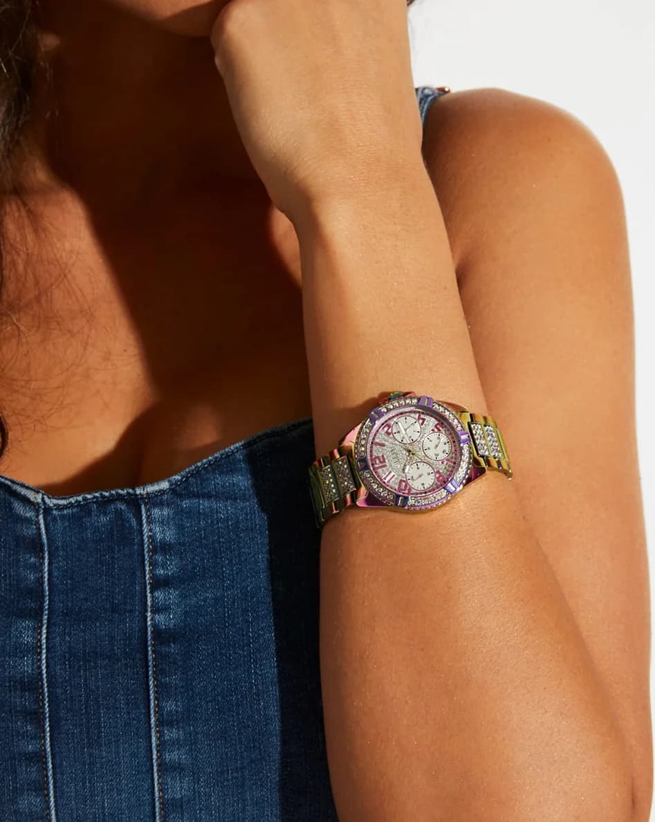 Montre Guess Lady Frontier GW0044L1 pour femme, cadran multicolore et bracelet violet acier vue 4