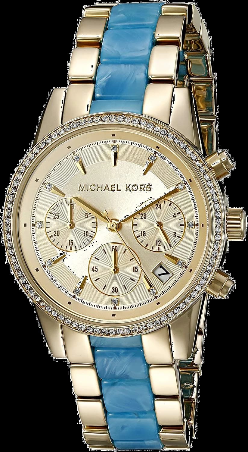 Montre Michael Kors Ritz MK6328 pour Femme, Cadran Doré et Bracelet Acier Bleu