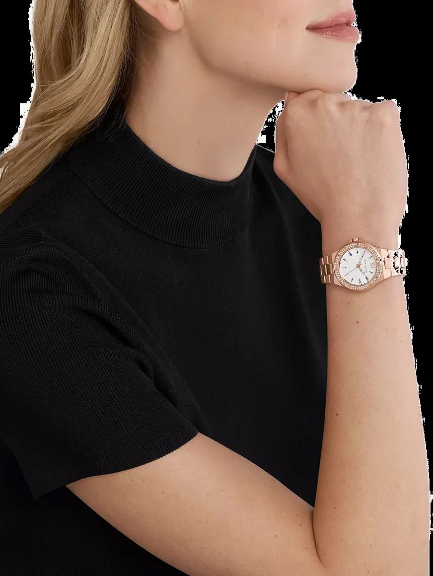 Montre Michael Kors Mini Lennox MK7279 Femme - Cadran Argent Pavé de Cristaux - Bracelet Acier Or Rose vue 4