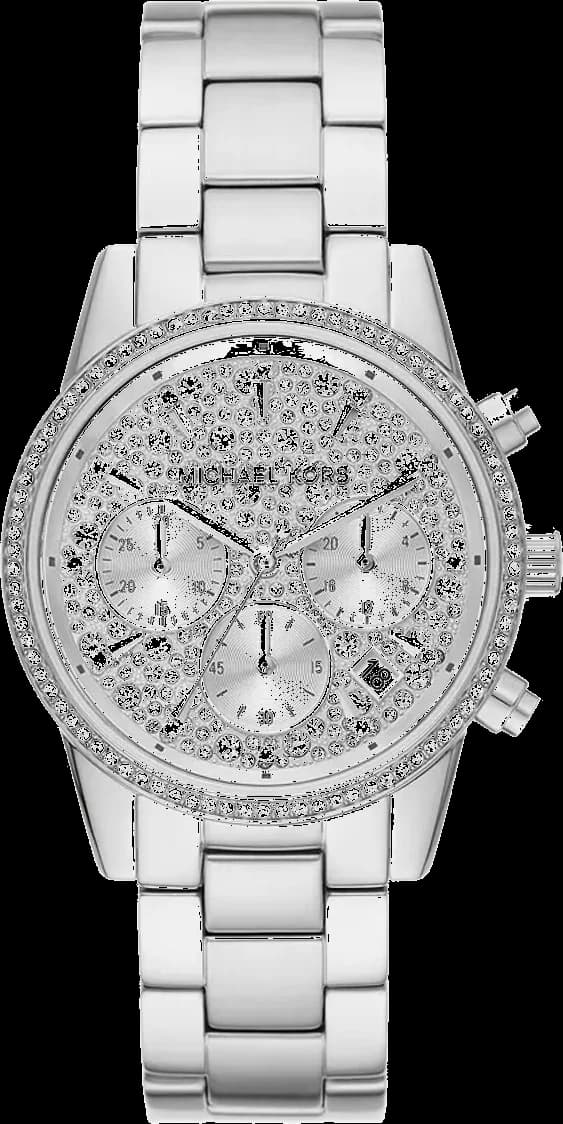 Montre Michael Kors Ritz MK7301 Femme - Cadran argent pavé de cristaux, bracelet acier