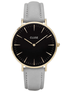 Montre Femme Cluse La Bohème CL18411 - Boîtier or, cadran noir, bracelet cuir gris