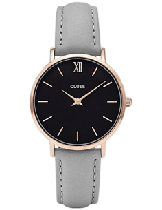 Montre Cluse Minuit CL30018, Cadran Noir 33mm, Boîtier Or Rose, Bracelet Cuir Gris - Unisexe