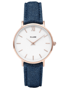 Montre Femme Cluse Minuit CL30029 - Cadran Blanc, Boîtier Or Rose, Bracelet Denim Bleu