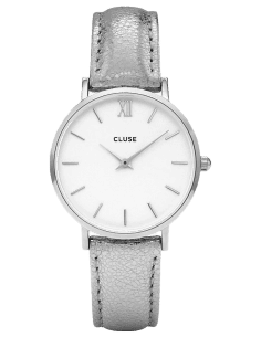 Montre Cluse Minuit CL30039 pour Femme - Cadran Blanc, Boîtier Argent, Bracelet Cuir Gris Électrique
