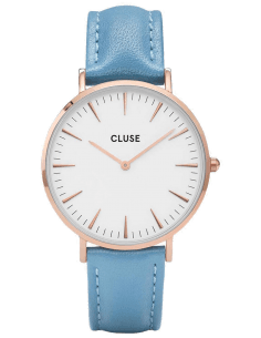Montre Femme Cluse La Bohème CL18033 - Boîtier Or Rose, Cadran Blanc, Bracelet Cuir Bleu