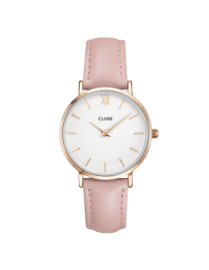 Montre Cluse Minuit CL30001 pour Femme - Boîtier Or Rose, Cadran Blanc, Bracelet Cuir Rose Pâle