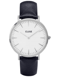 Montre Cluse La Bohème CL18232 - Cadran blanc, boîtier argenté, bracelet cuir bleu - Unisexe
