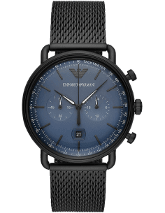 Montre Homme Emporio Armani Aviator AR11201, boîtier et maille milanaise noire, cadran bleu