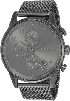 Montre Hugo Boss Navigator 1513674 pour Homme, Cadran Gris 44mm, Bracelet Maille Milanaise Acier