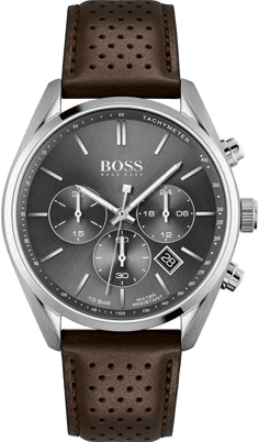 Montre Homme Hugo Boss Champion 1513815, Cadran Gris 44mm, Bracelet Cuir Perforé Marron