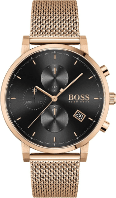 Montre Homme Hugo Boss Integrity 1513806, Boîtier Or Rose, Cadran Noir, Bracelet Maille Milanaise