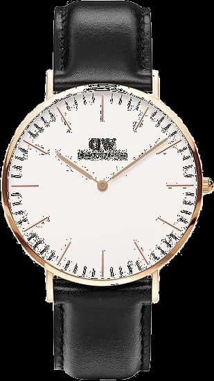 Montre Daniel Wellington Classic Sheffield DW00100036, cadran blanc 36 mm, boîtier or rose, bracelet cuir noir - Unisexe