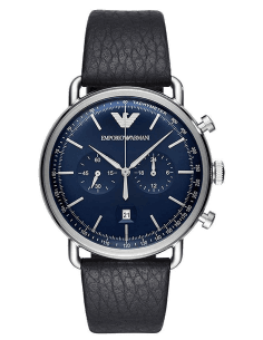 Montre Homme Emporio Armani Aviator AR11105 Chronographe Cadran Bleu Bracelet Cuir Noir