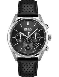 Montre Hugo Boss Champion 1513816 pour Homme - Boîtier Acier, Cadran Noir, Bracelet Cuir Perforé Noir
