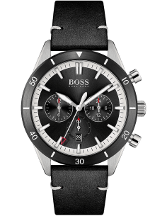 Montre Homme Hugo Boss Santiago 1513864, Boîtier Acier 44mm, Cadran Noir Chronographe, Bracelet Cuir