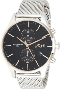 Montre Homme Hugo Boss Associate 1513805, Cadran Noir, Boîtier Argent, Bracelet Maille Milanaise