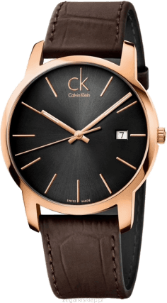 Montre Homme Calvin Klein City K2G2G6G3 - Cadran Noir, Boîtier Or Rose, Bracelet Cuir Marron