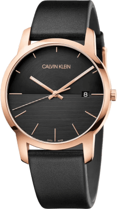Montre Homme Calvin Klein City K2G2G6CZ - Cadran Noir, Boîtier Or Rose, Bracelet Cuir