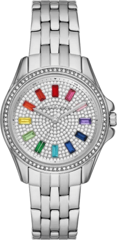 Montre femme Michael Kors Mini Pilot MK7368 Cadran pavé arc-en-ciel et bracelet en acier inoxydable argenté