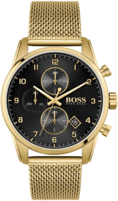 Montre Homme Hugo Boss Skymaster 1513838, Cadran Noir, Boîtier et Bracelet Maille Milanaise Or