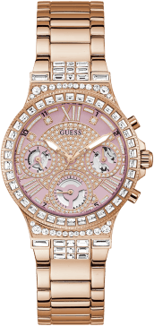Montre Guess Femme GW0320L6, Cadran Squelette Rose, Bracelet Acier Or Rose, Boîtier Serti de Cristaux
