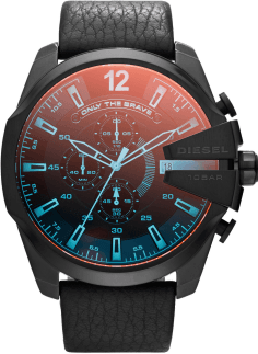 Montre Homme Diesel Mega Chief DZ4323 - Boîtier Noir Acier, Cadran Bicolore, Verre Iridescent, Bracelet Cuir Noir