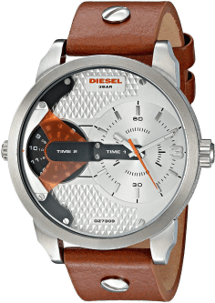 Montre Diesel DZ7309 Homme, Cadran Argent Multi-Affichage, Bracelet Cuir Marron