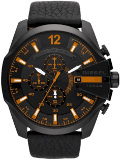 Montre Diesel Mega Chief DZ4291 pour Homme - Cadran Noir, Accents Orange, Bracelet Cuir