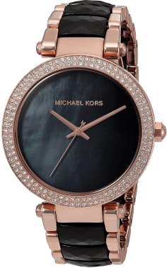Montre Michael Kors Parker MK6414 Femme - Cadran Nacre Noire, Boîtier Or Rose, Bracelet Acier Noir