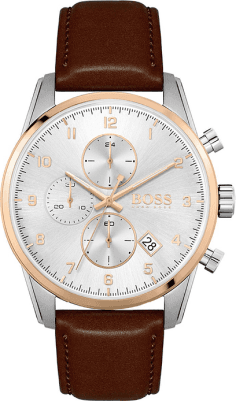 Montre Homme Hugo Boss Skymaster 1513786, Cadran Argent, Bracelet Cuir Marron