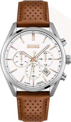Montre Homme Hugo Boss Champion 1513879, boîtier acier 44mm, cadran blanc, bracelet cuir perforé marron