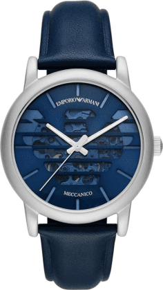 Montre Homme Emporio Armani Meccanico AR60030 - Cadran squelette bleu, boîtier gris, bracelet cuir