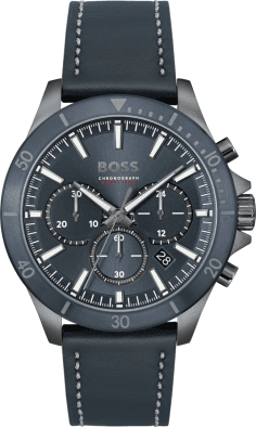 Montre Homme Hugo Boss Troper 1514056, boîtier acier gris 44mm, cadran bleu multifonctions, bracelet cuir bleu