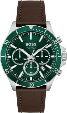 Montre Homme Hugo Boss Troper 1514098 - Cadran Vert, Bracelet Cuir Marron, Chronographe