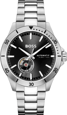 Montre Homme Hugo Boss Troper Automatique 1514202 - Boîtier et bracelet acier argenté, cadran noir Open Heart
