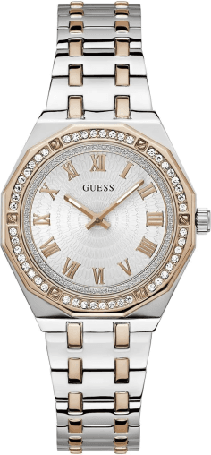 Montre Femme Guess GW0770L5 en Acier Bicolore Argent et Or Rose, Cadran Blanc Guilloché